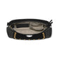 Close-up of Brighton black leather handbag interior with patterned fabric lining, zip closure, and brass stud trim
