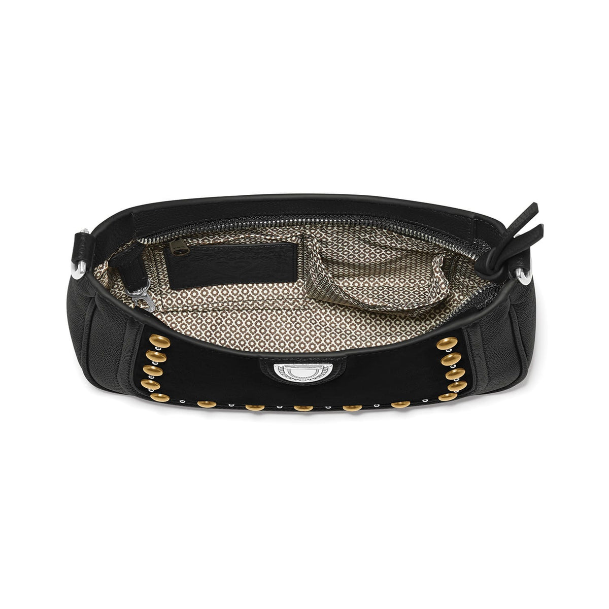 Close-up of Brighton black leather handbag interior with patterned fabric lining, zip closure, and brass stud trim