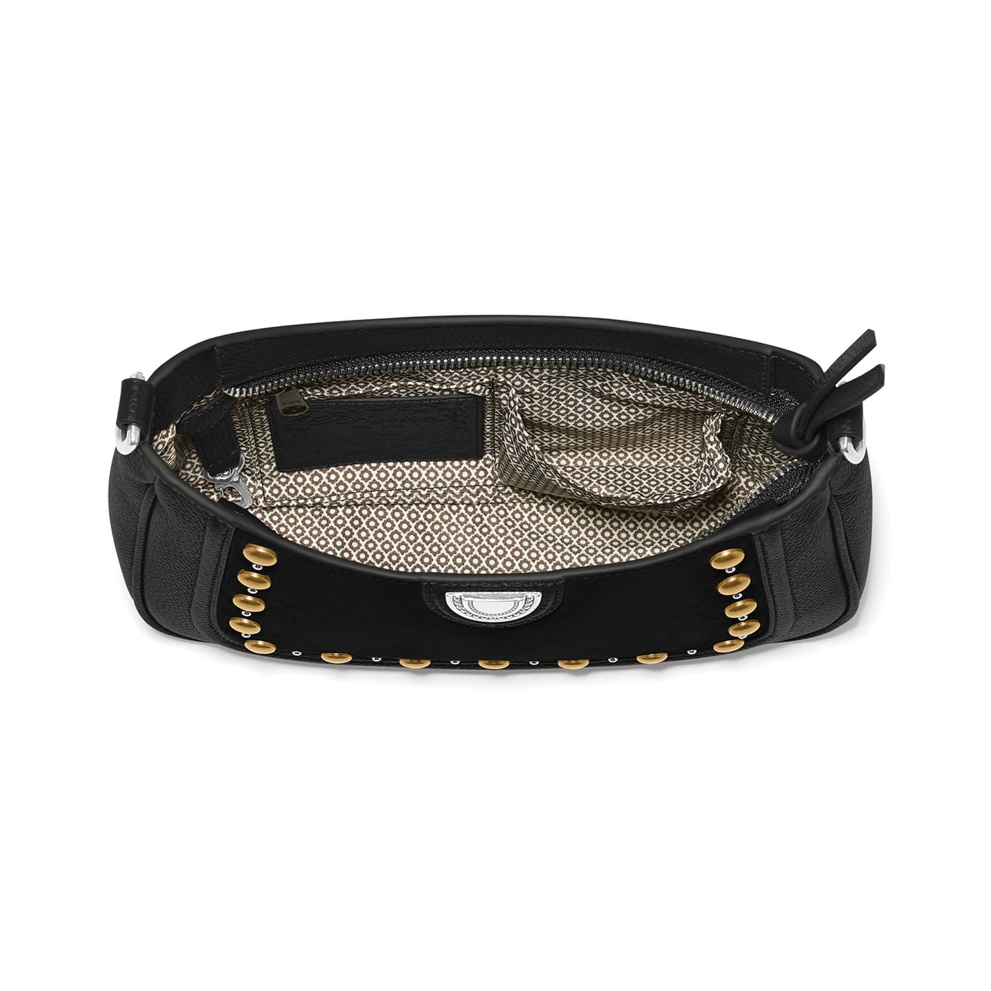 Close-up of Brighton black leather handbag interior with patterned fabric lining, zip closure, and brass stud trim