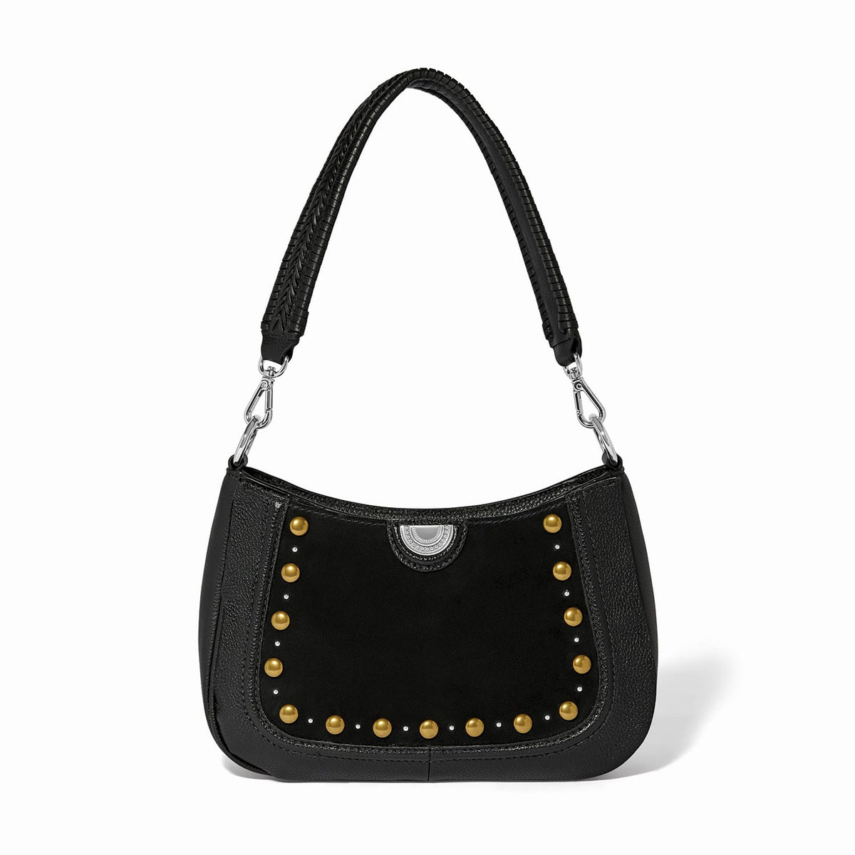 Brighton black leather shoulder handbag with gold-tone studs, suede panel, and braided strap on a white background
