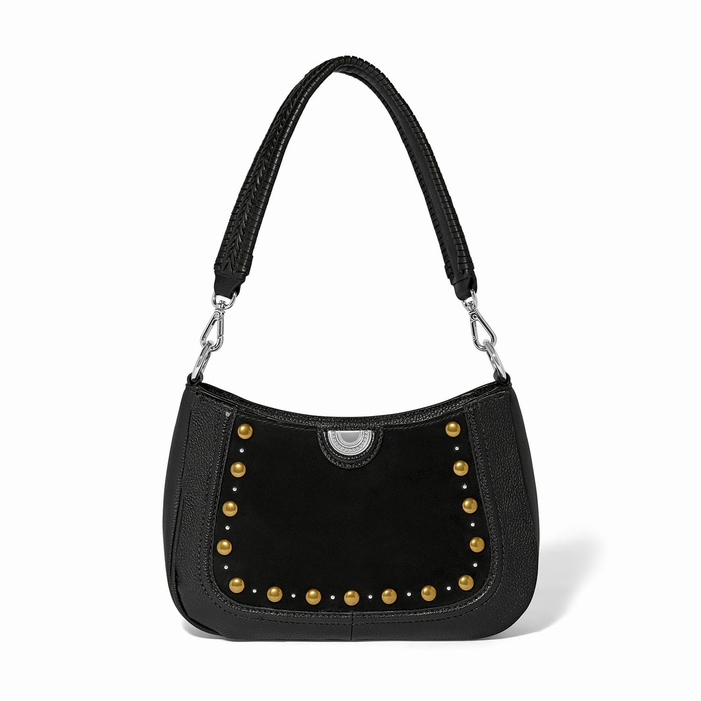 Brighton black leather shoulder handbag with gold-tone studs, suede panel, and braided strap on a white background