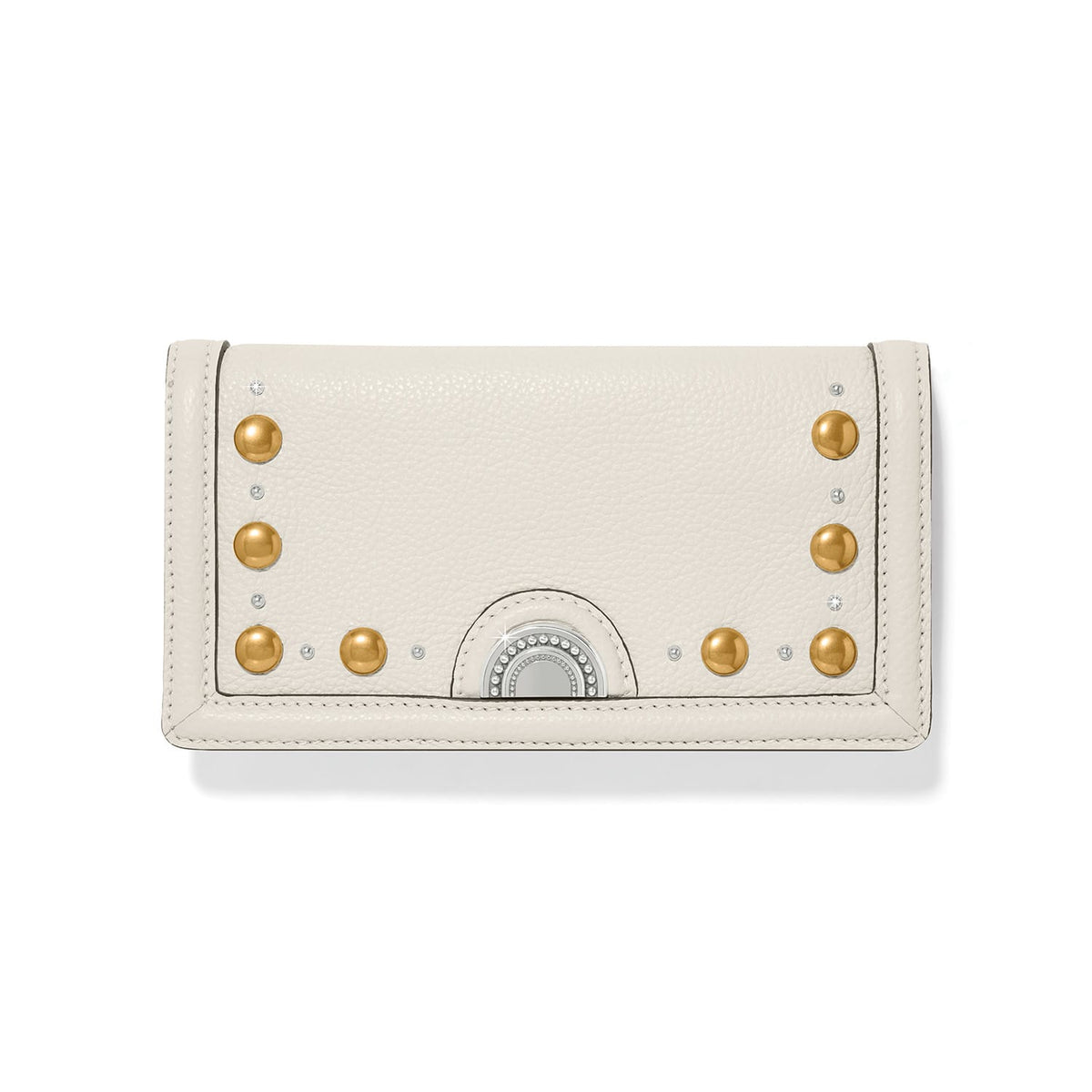 Brighton wallet in cream leather with gold-tone studs, crystal accents, and silver-tone medallion clasp on a white background