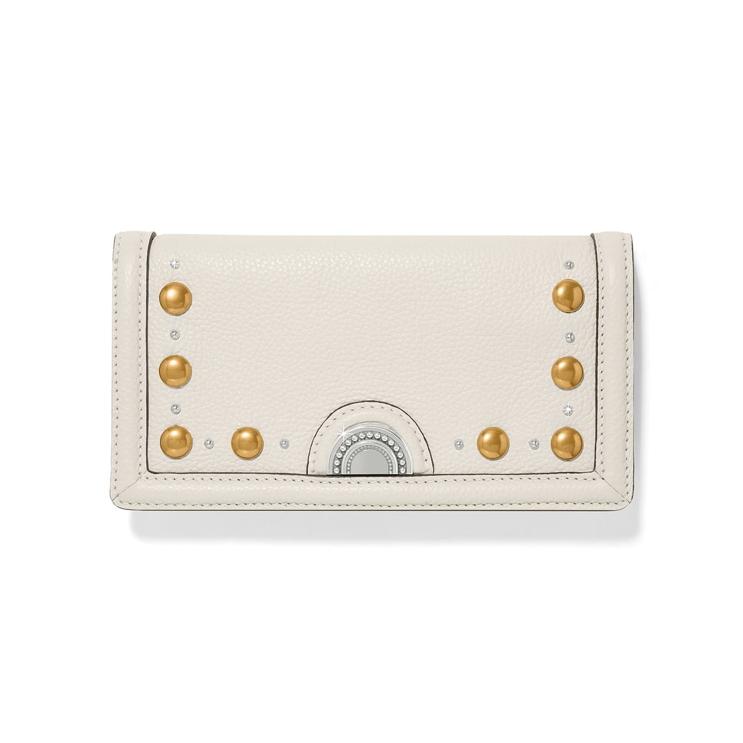 Brighton wallet in cream leather with gold-tone studs, crystal accents, and silver-tone medallion clasp on a white background