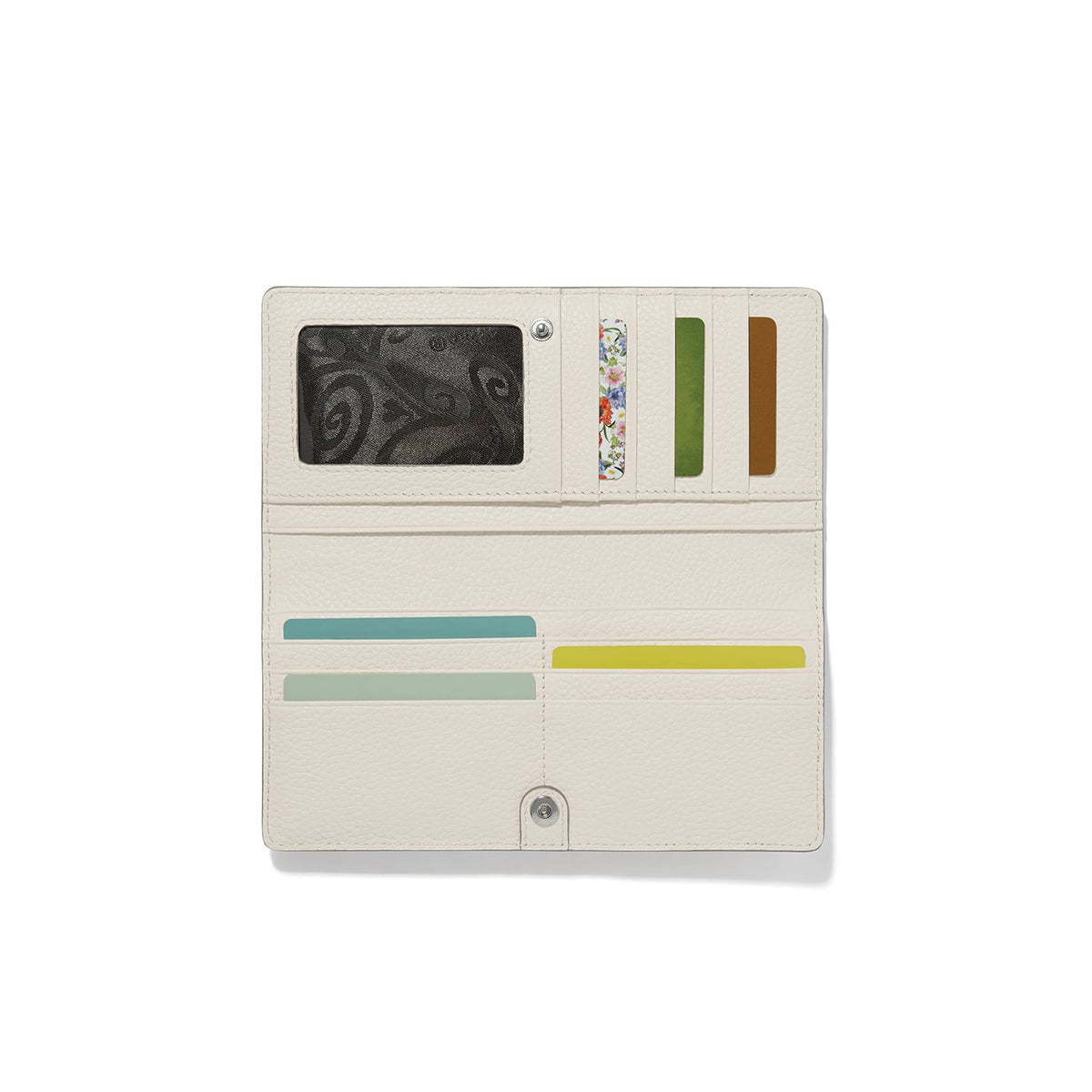 Brighton wallet shown open with cream leather interior, ID window, card slots, and snap closure on a white background