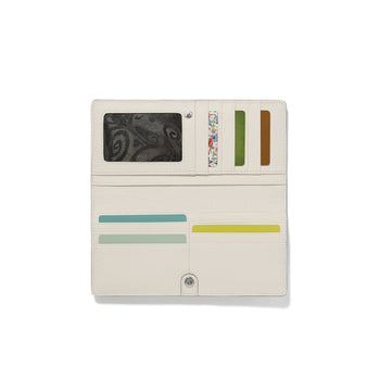 Brighton wallet shown open with cream leather interior, ID window, card slots, and snap closure on a white background