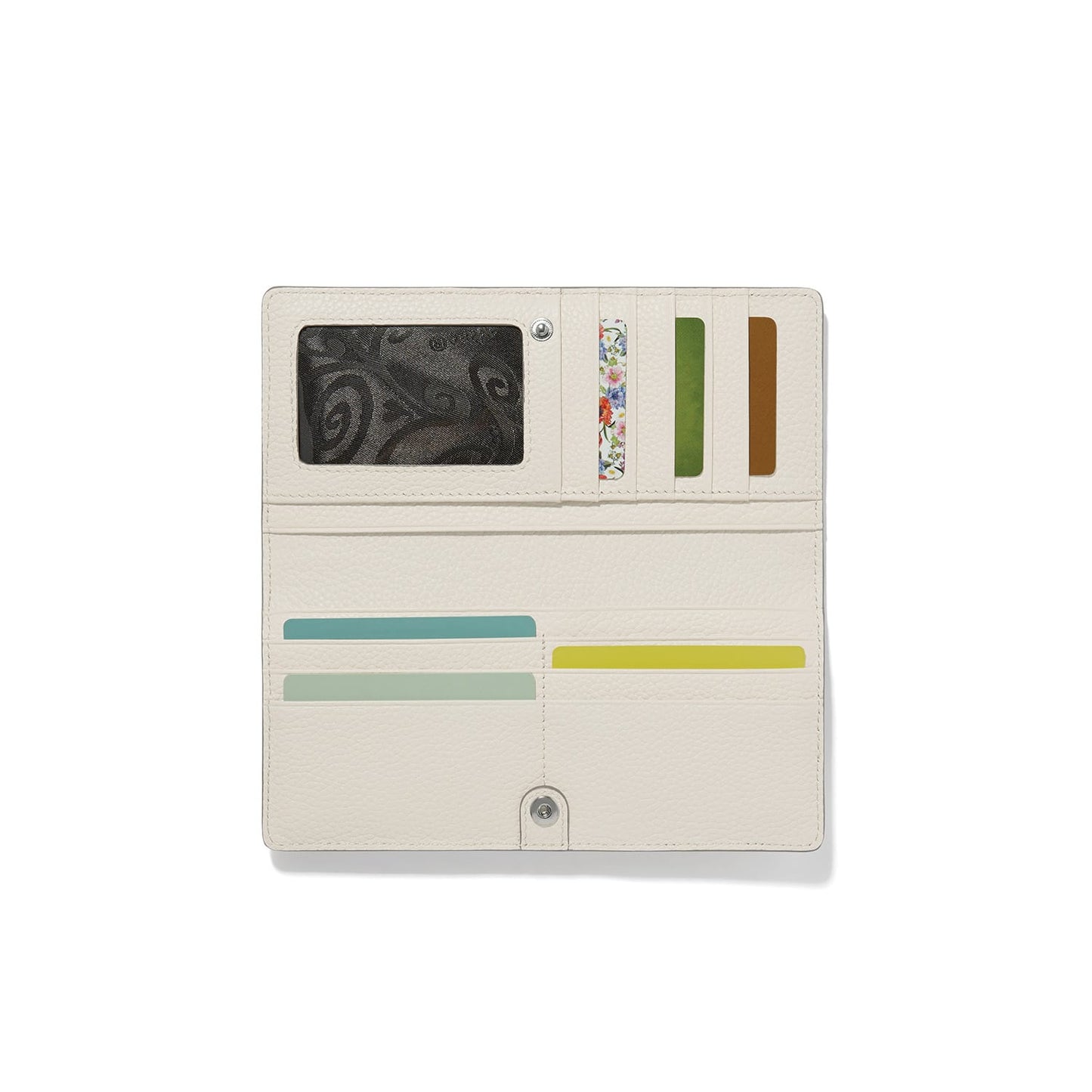 Brighton wallet shown open with cream leather interior, ID window, card slots, and snap closure on a white background