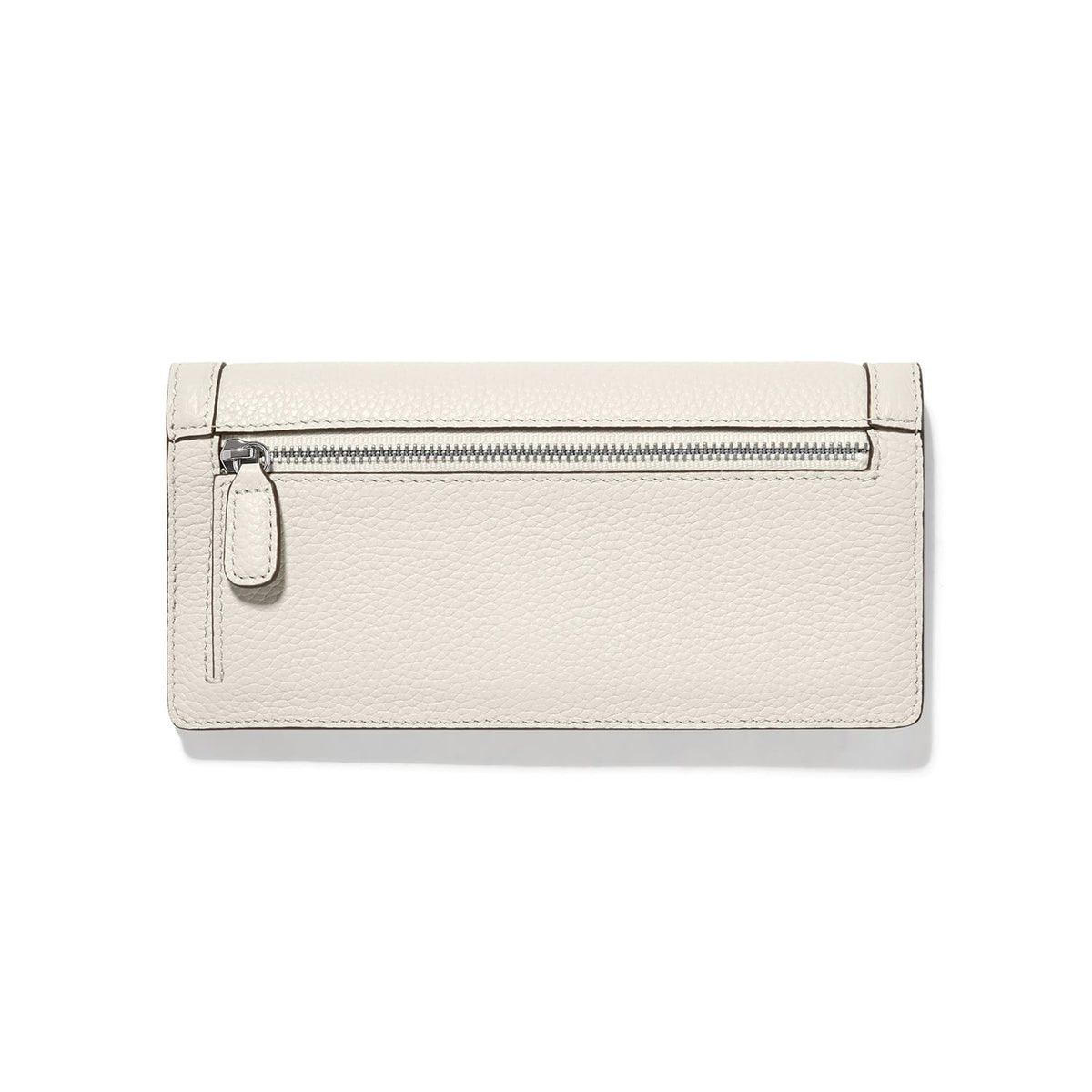 Brighton wallet shown from the back in cream pebbled leather with silver-tone zip pocket on a white background
