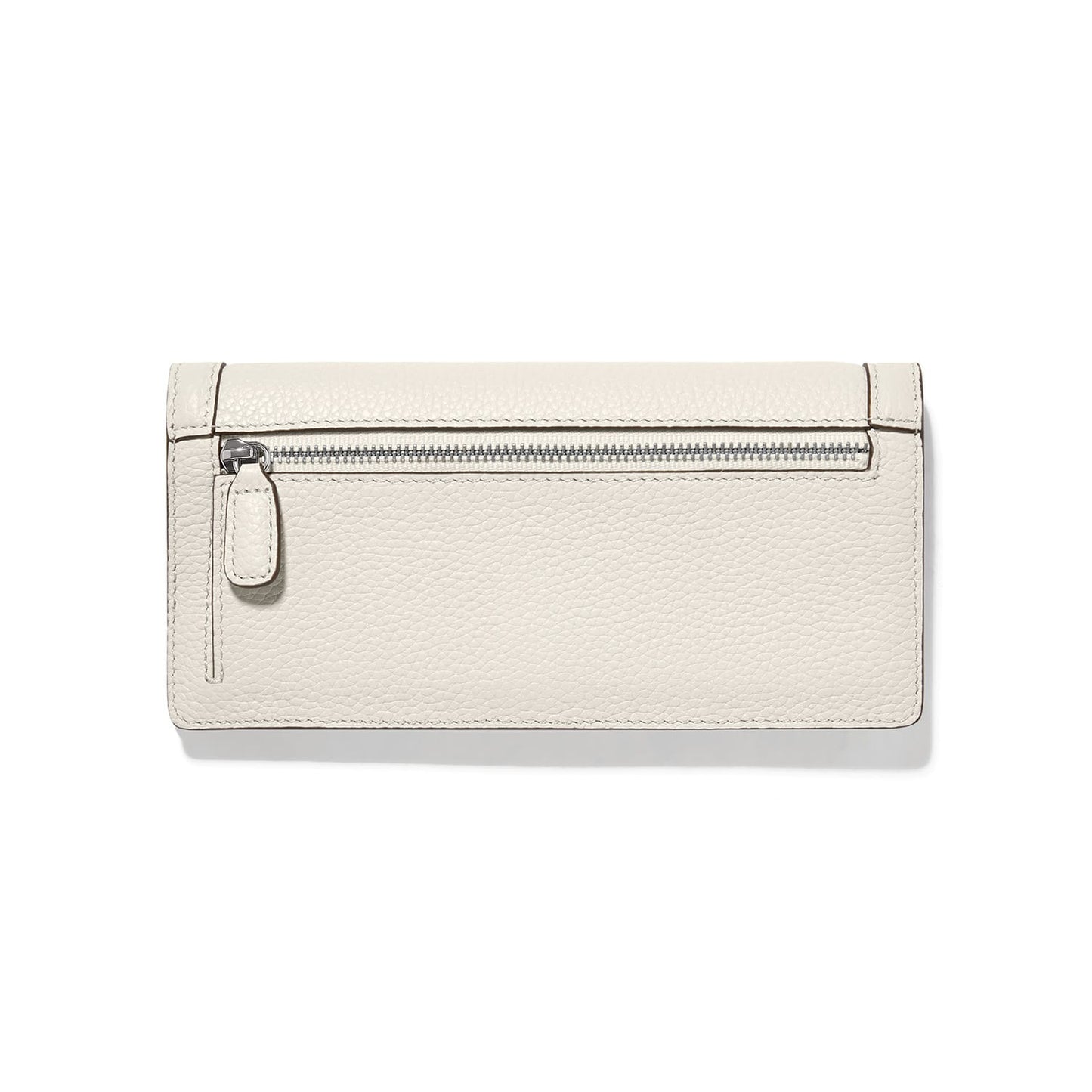 Brighton wallet shown from the back in cream pebbled leather with silver-tone zip pocket on a white background