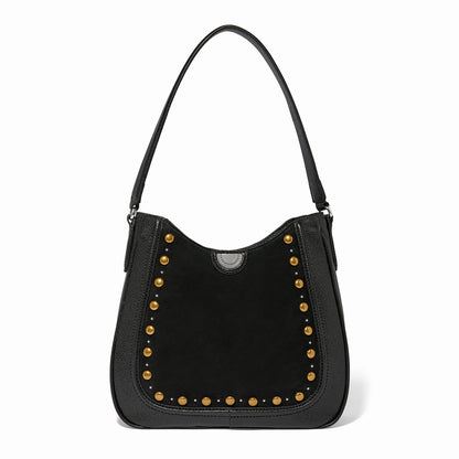 Brighton black leather shoulder handbag with gold-tone stud trim and silver-tone medallion accent on a white background