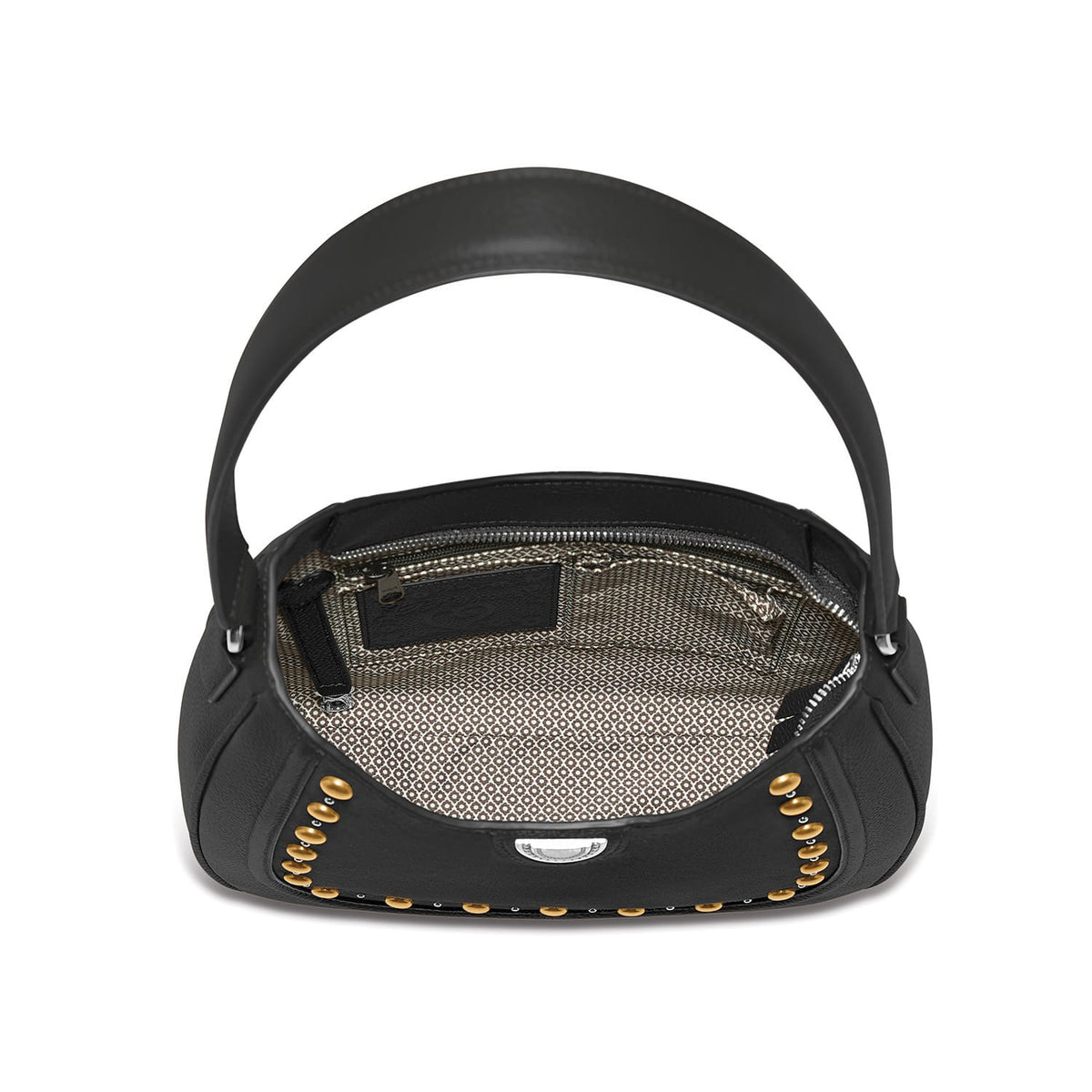 Brighton black handbag shown open with patterned interior lining, gold studded trim, and single top handle on a white background