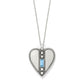 Brighton heart pendant necklace with hammered silver-plated finish, beaded edges, and blue crystal baguette on a white background