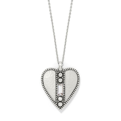 Brighton heart pendant necklace with hammered silver-plated finish, beaded edges, and crystal baguette accent on a white background