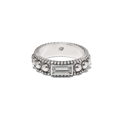 Brighton silver-plated ring with crystal baguette center stone, beaded edges, and rounded silver studs on a white background