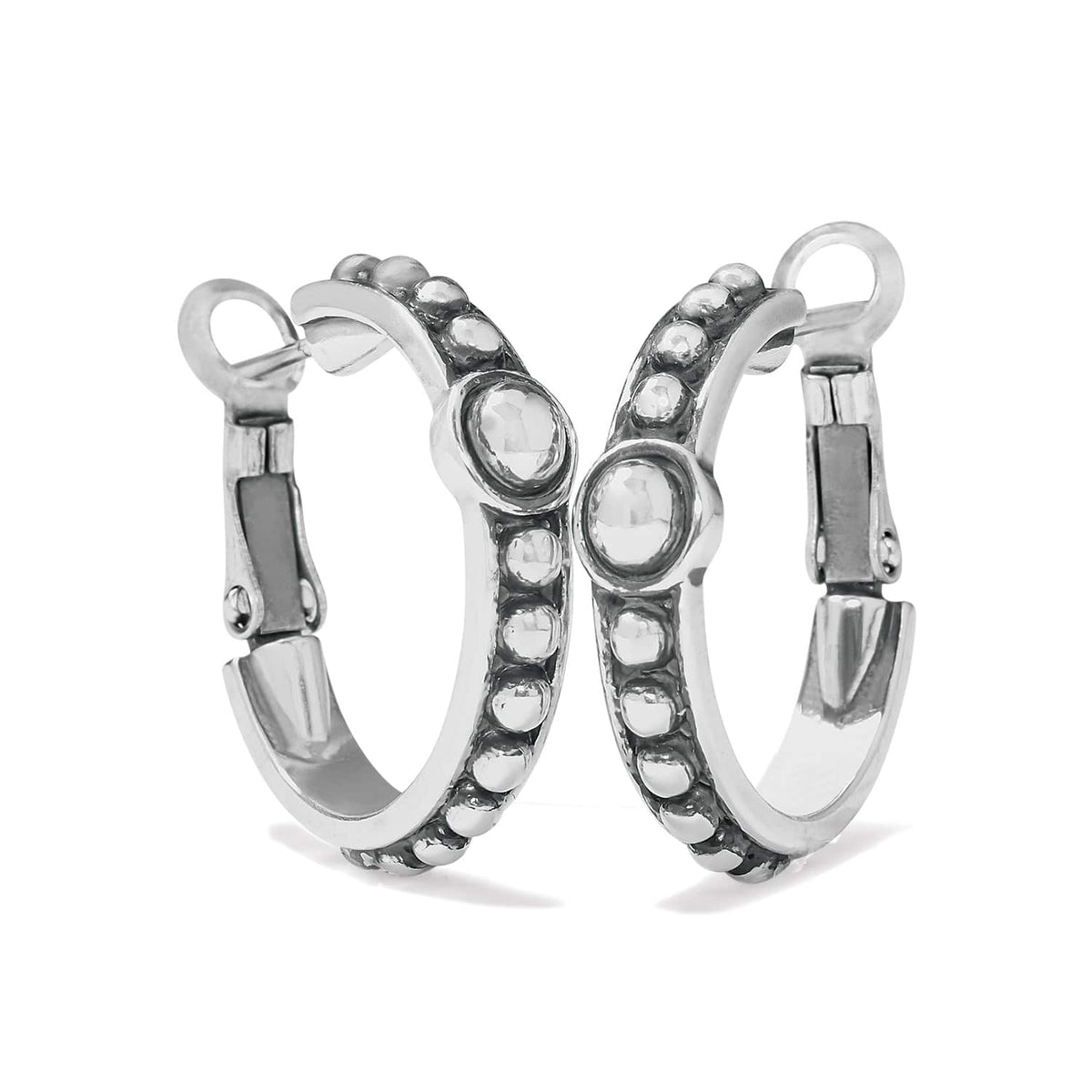 Brighton silver-plated hoop earrings with beaded edges and round centered accents on a white background
