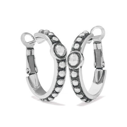 Brighton silver-plated hoop earrings with beaded edges and round centered accents on a white background