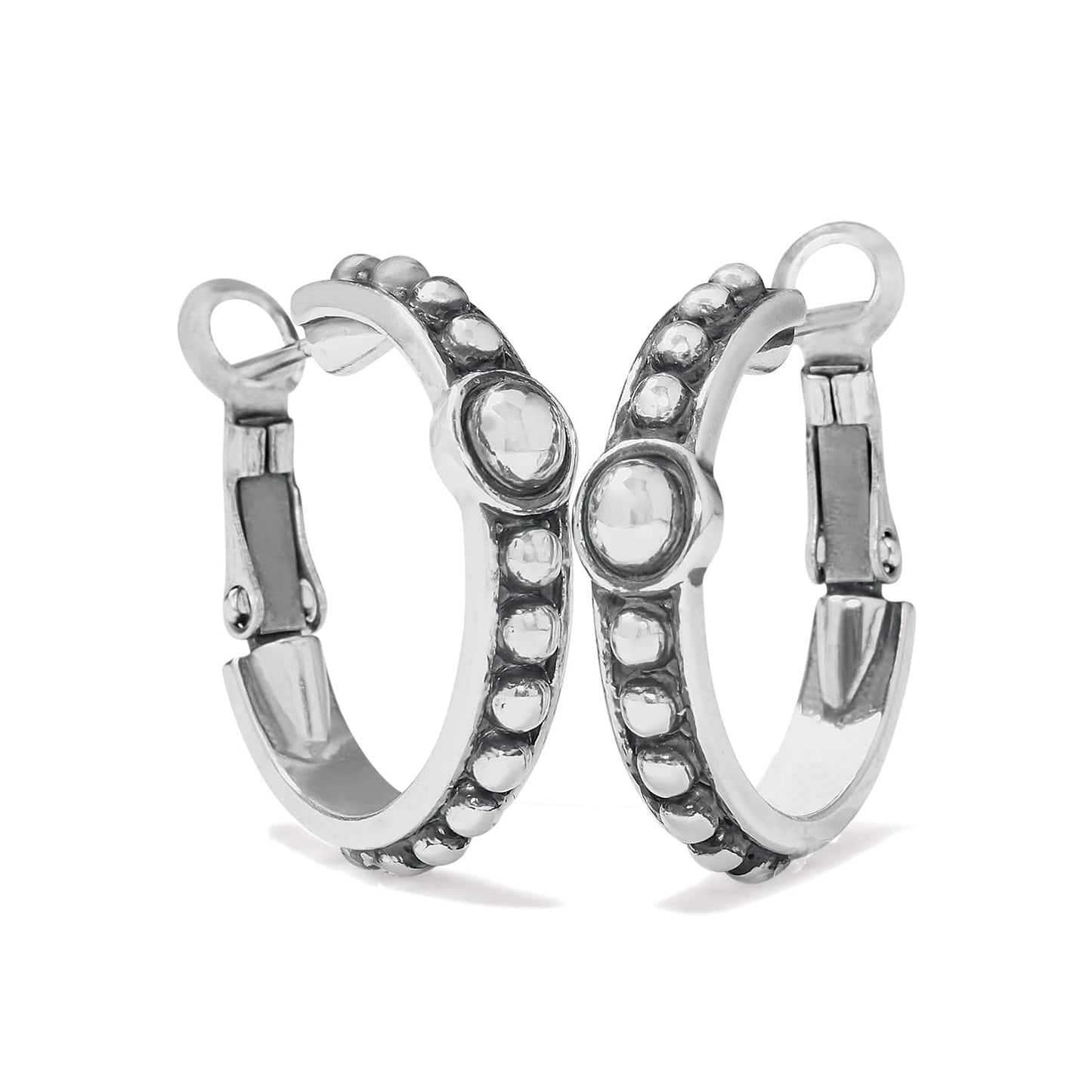 Brighton silver-plated hoop earrings with beaded edges and round centered accents on a white background