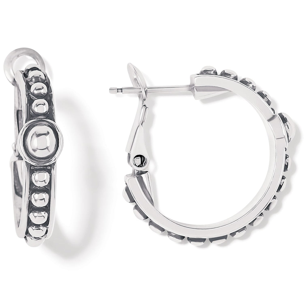 Brighton hoop earrings with silver-plated beaded edges and hinged closures, shown in side and front views on a white background