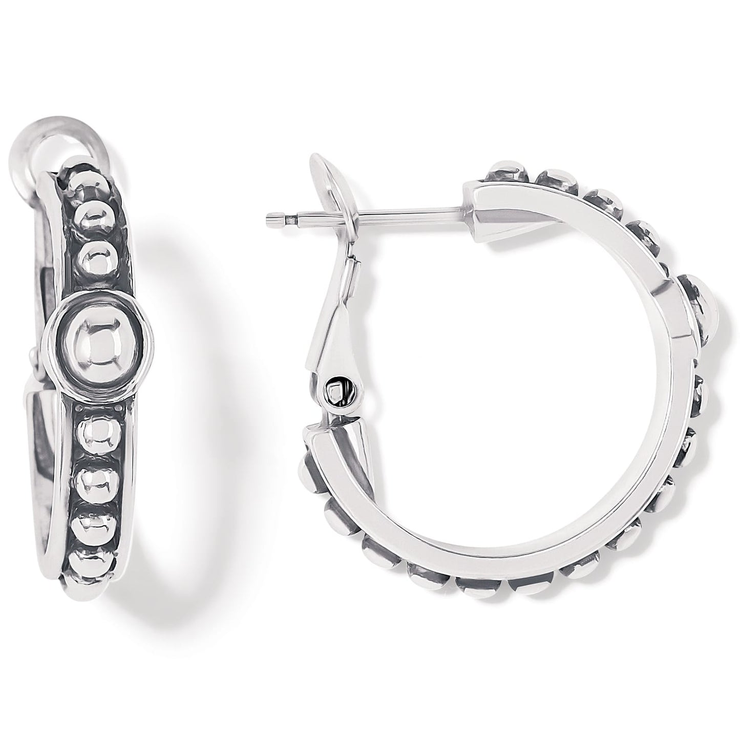 Brighton hoop earrings with silver-plated beaded edges and hinged closures, shown in side and front views on a white background