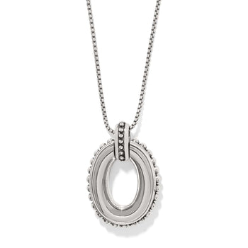 Brighton pendant necklace with silver-plated oval pendant, beaded edge detail, and box chain on a white background