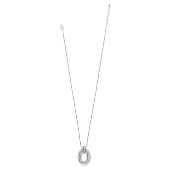 Brighton pendant necklace with silver-plated oval pendant and beaded trim on a thin chain on a white background