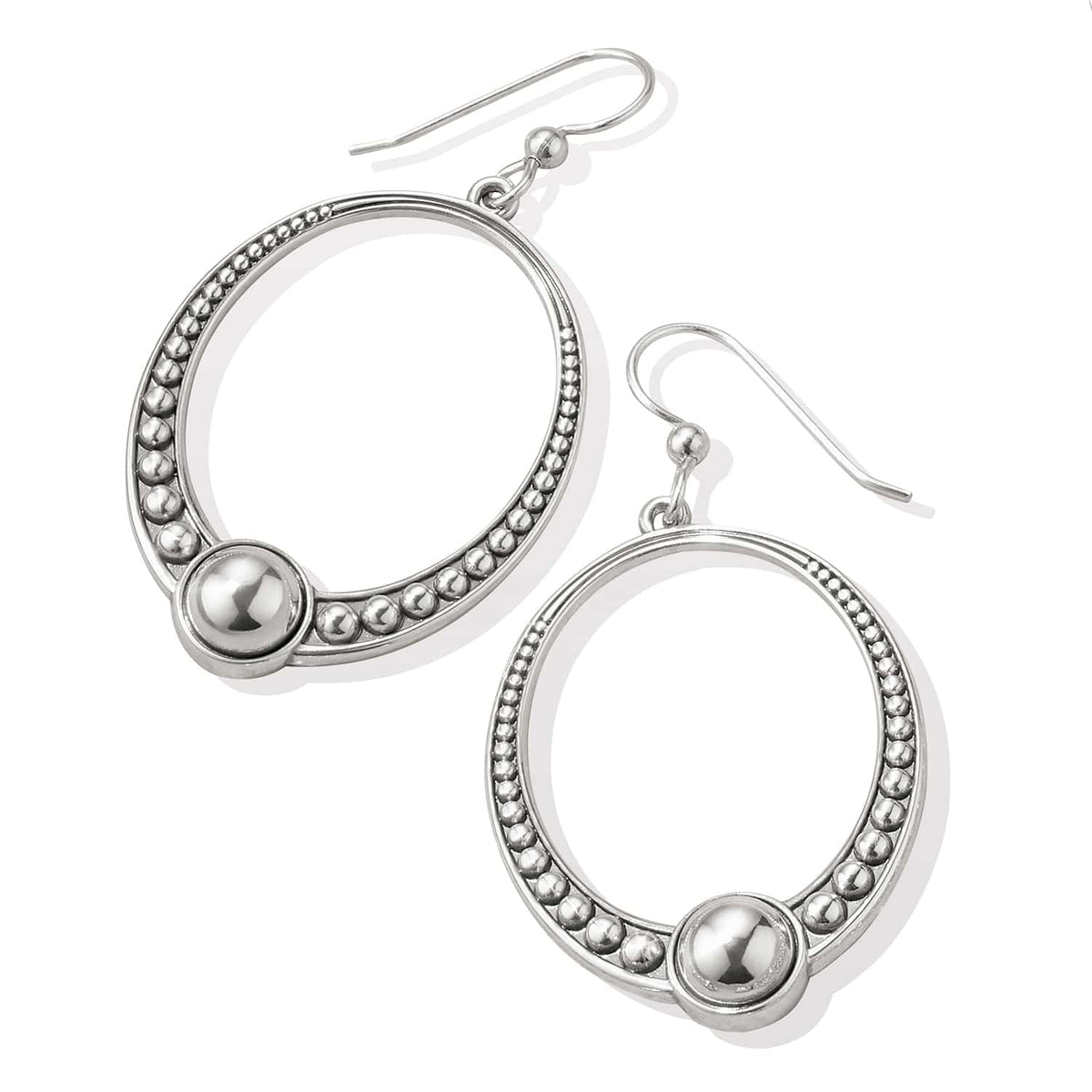 Brighton hoop drop earrings with silver-plated beaded circles and round bead accents on a white background
