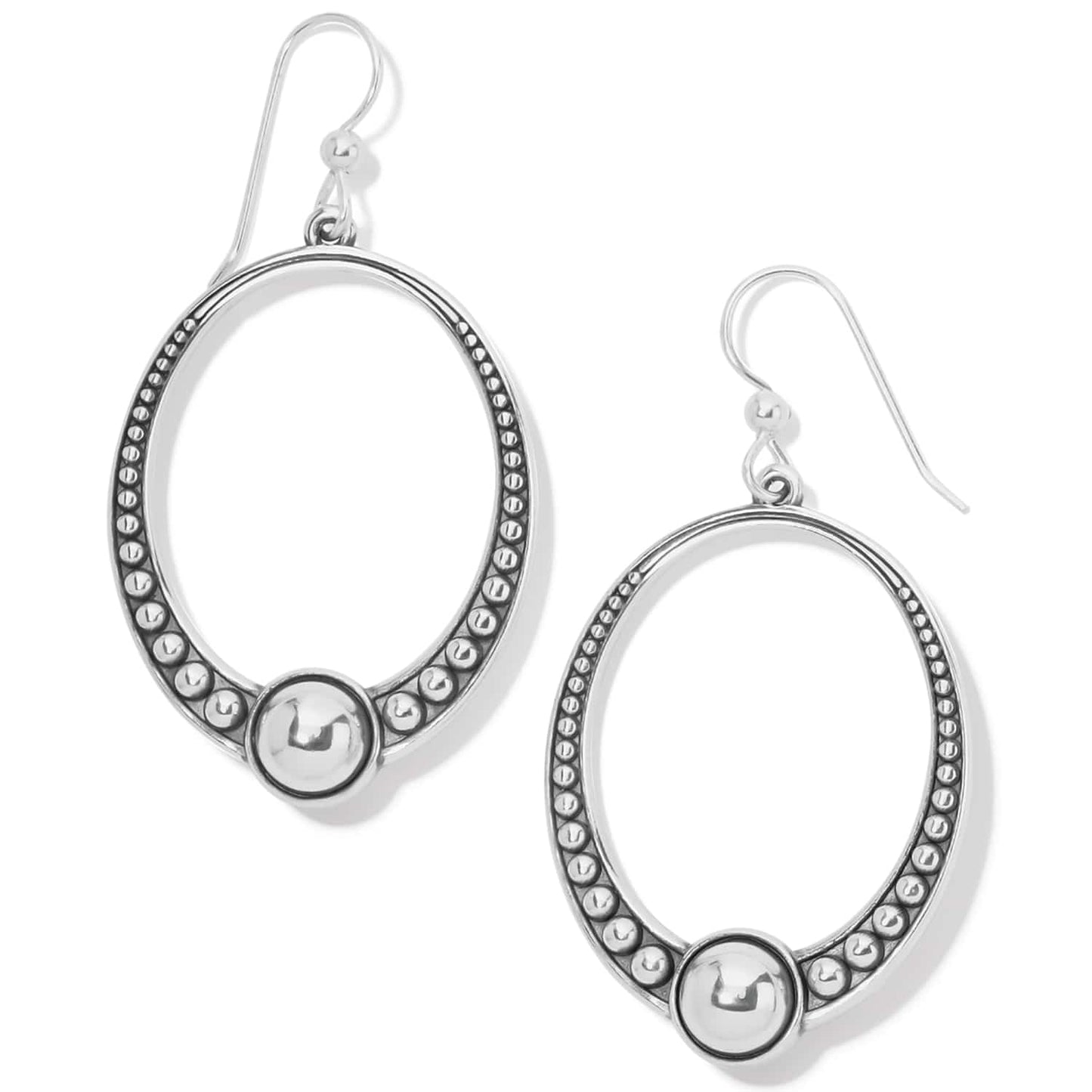 Brighton drop earrings with silver-plated oval hoops, beaded texture, and round bead accents on a white background
