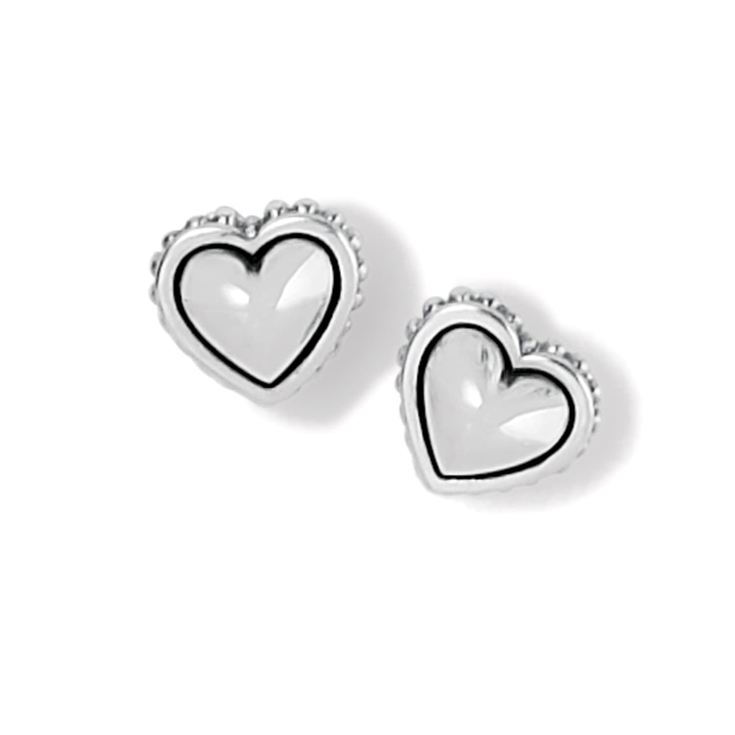 Brighton heart stud earrings with silver-plated finish and beaded border edges on a white background
