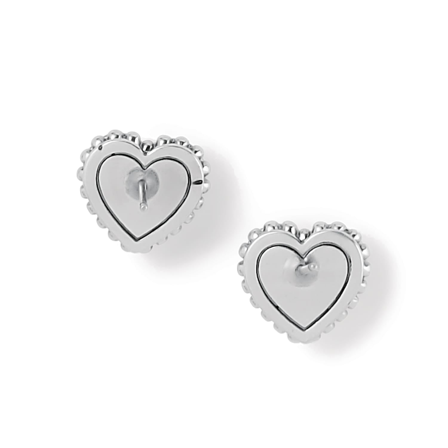 Brighton heart stud earrings shown from the back with silver-plated beaded edges and posts on a white background