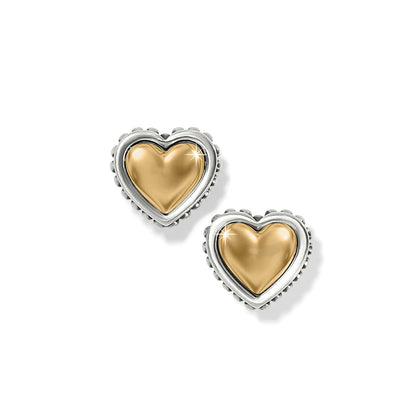 Brighton heart stud earrings with gold-tone centers and silver-tone beaded borders in two-tone finish on a white background