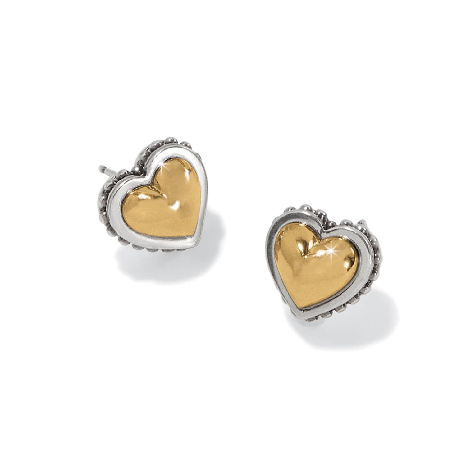 Brighton heart stud earrings with gold-tone centers and silver-tone beaded borders in two-tone finish on a white background