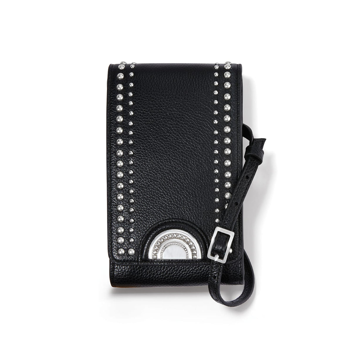 Brighton black leather crossbody handbag with silver-tone studs, medallion accent, and adjustable strap on a white background