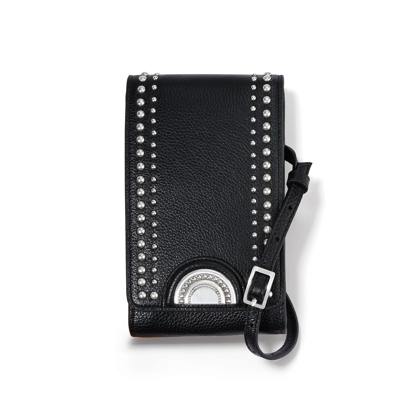 Brighton black leather crossbody handbag with silver-tone studs, medallion accent, and adjustable strap on a white background