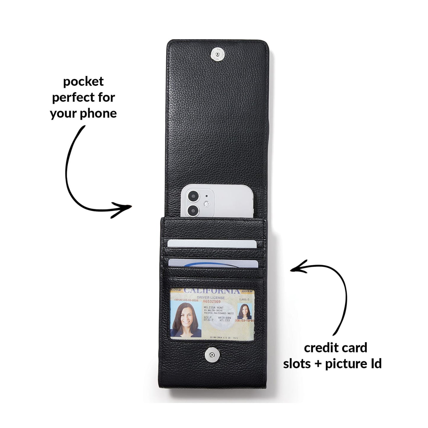Close-up of Brighton black leather wallet shown open with phone pocket, credit card slots, and ID window