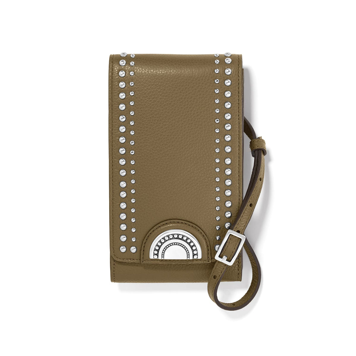 Brighton olive leather crossbody handbag with silver-tone studs, medallion accent, and adjustable strap on a white background