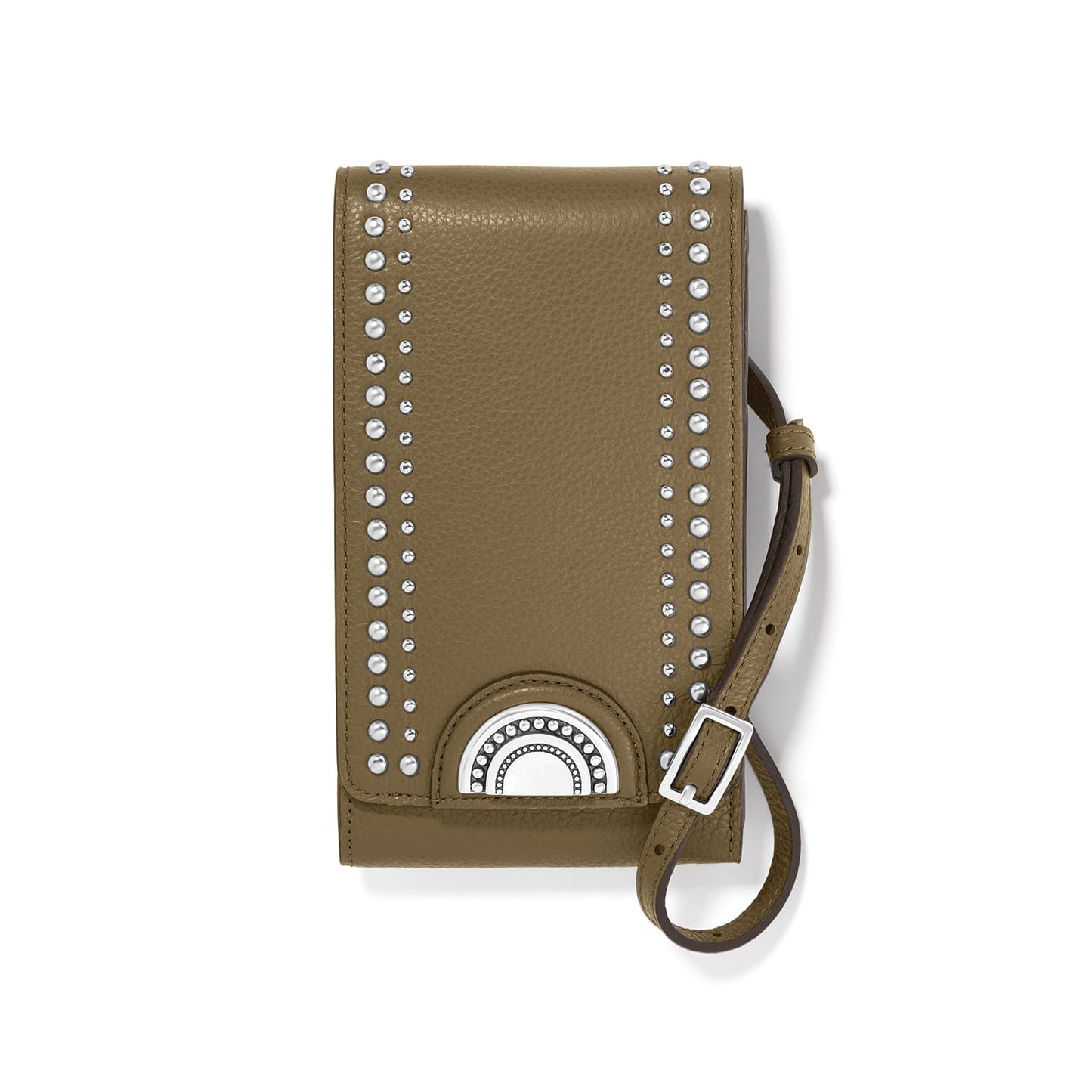 Brighton olive leather crossbody handbag with silver-tone studs, medallion accent, and adjustable strap on a white background