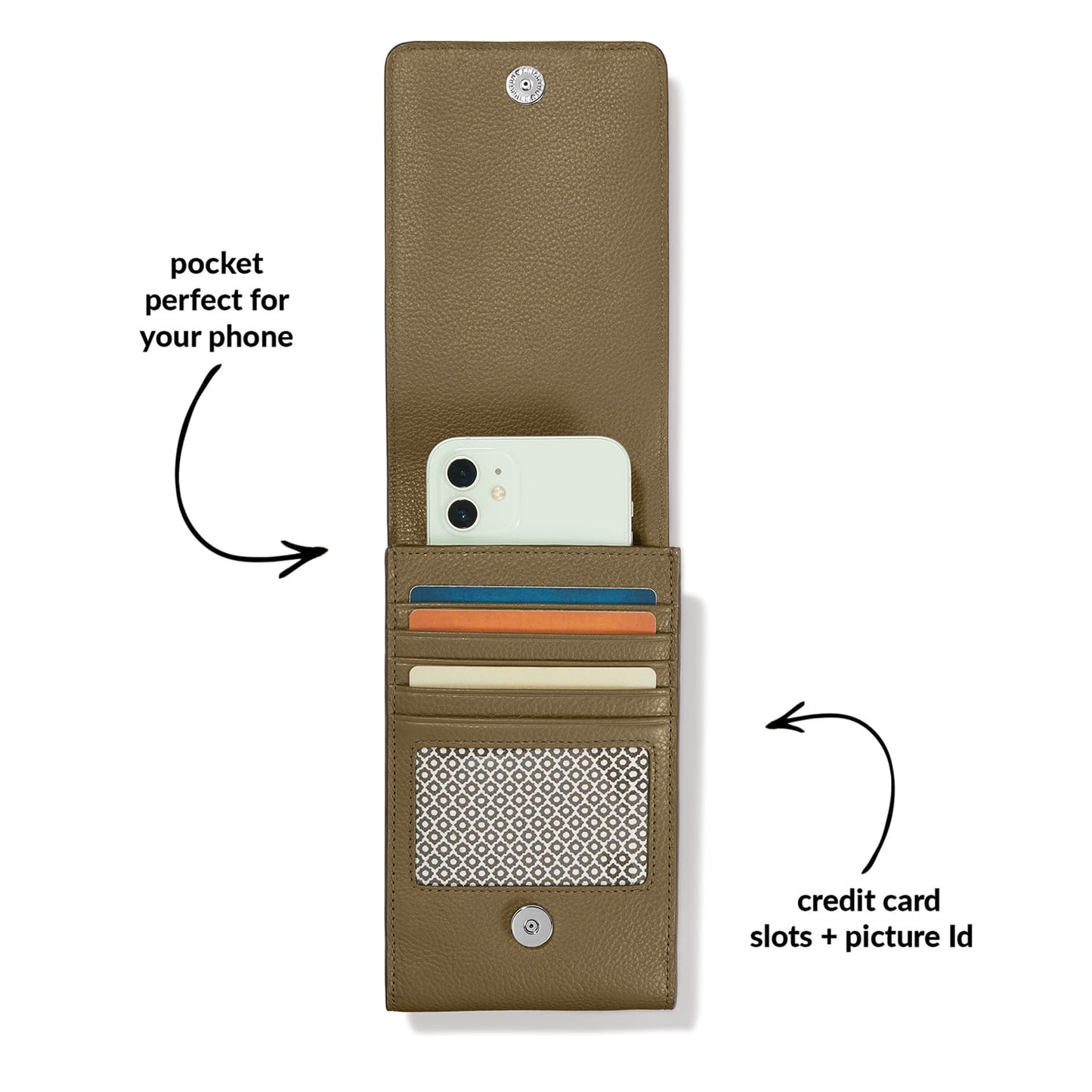 Close-up of Brighton wallet shown open with phone pocket, credit card slots, and picture ID window
