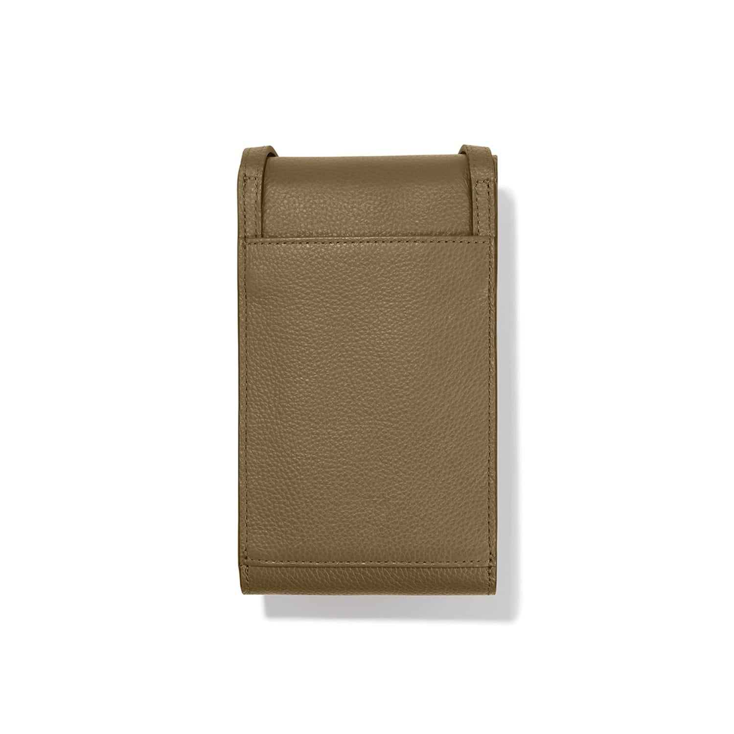 Brighton olive green pebbled leather case shown from the back with stitched edges and flap closure on a white background
