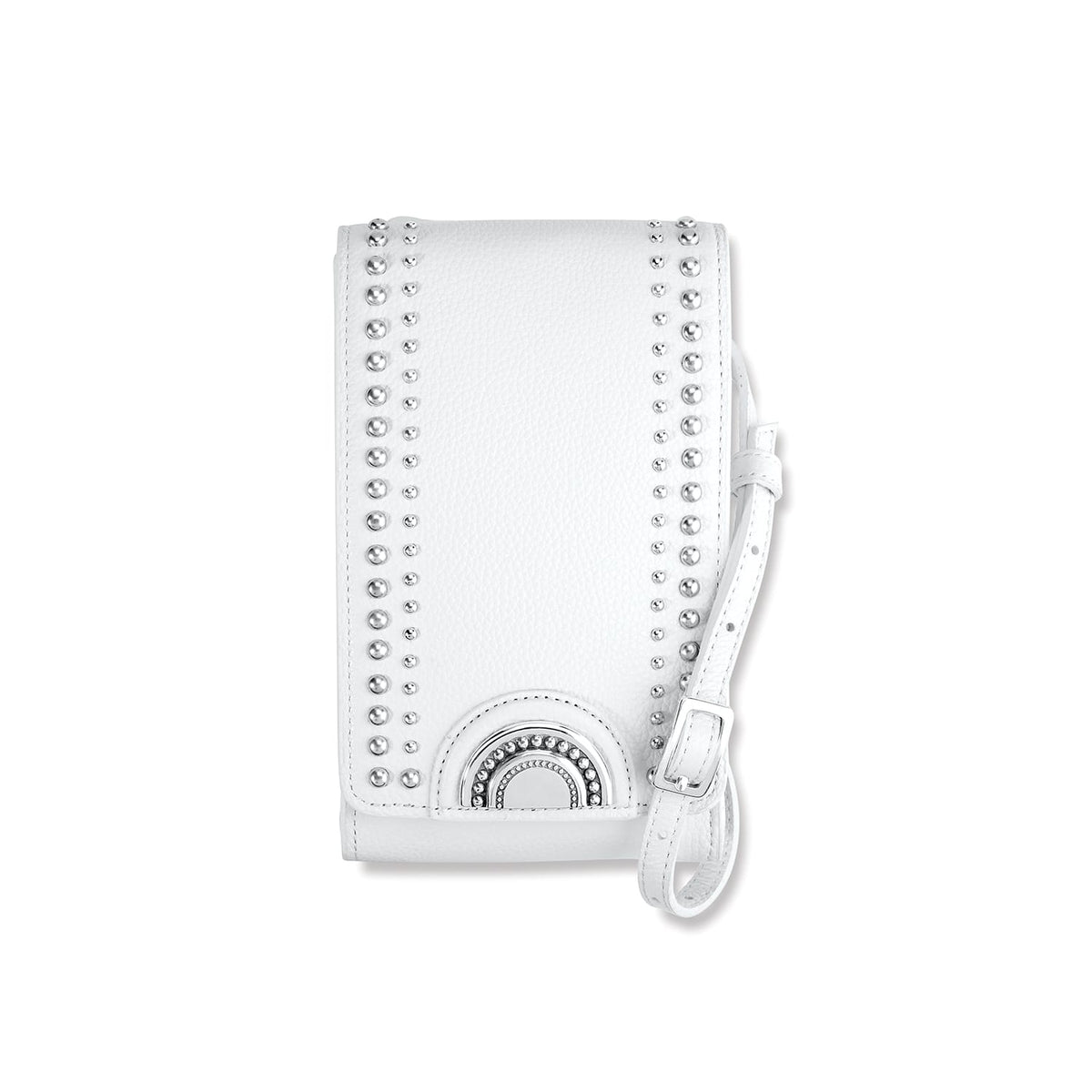 Brighton white leather crossbody handbag with silver-tone studs, half-circle medallion accent, and adjustable strap on a white background