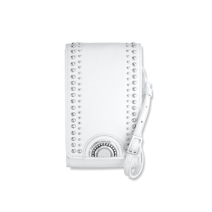 Brighton white leather crossbody handbag with silver-tone studs, half-circle medallion accent, and adjustable strap on a white background