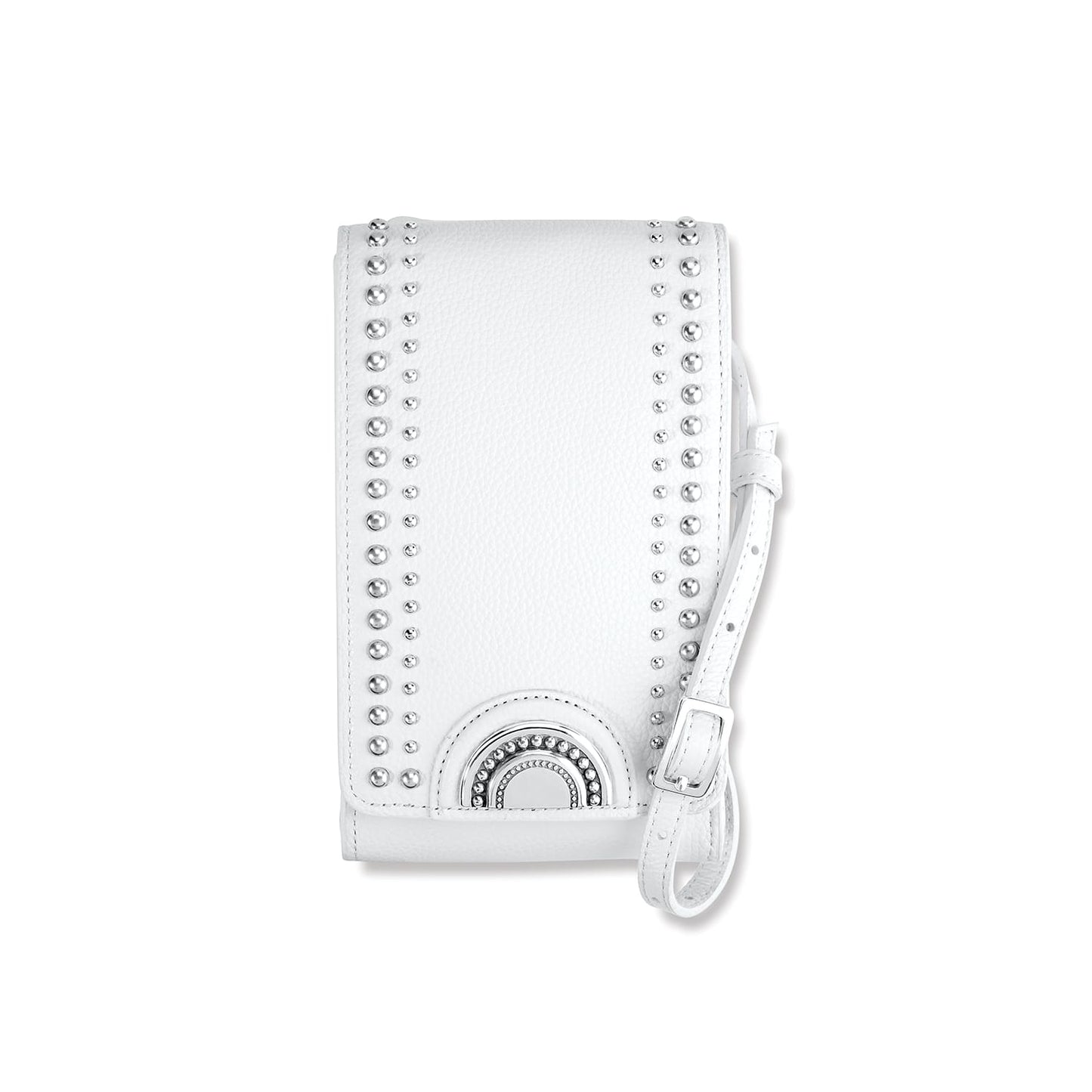 Brighton white leather crossbody handbag with silver-tone studs, half-circle medallion accent, and adjustable strap on a white background