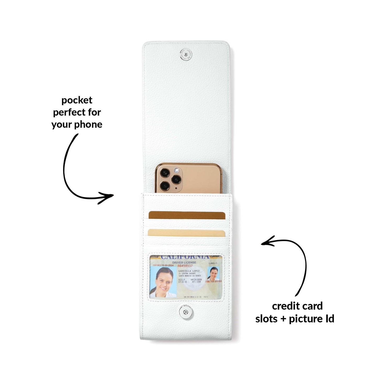 Close-up of Brighton white leather wallet shown open with phone pocket, credit card slots, and ID window
