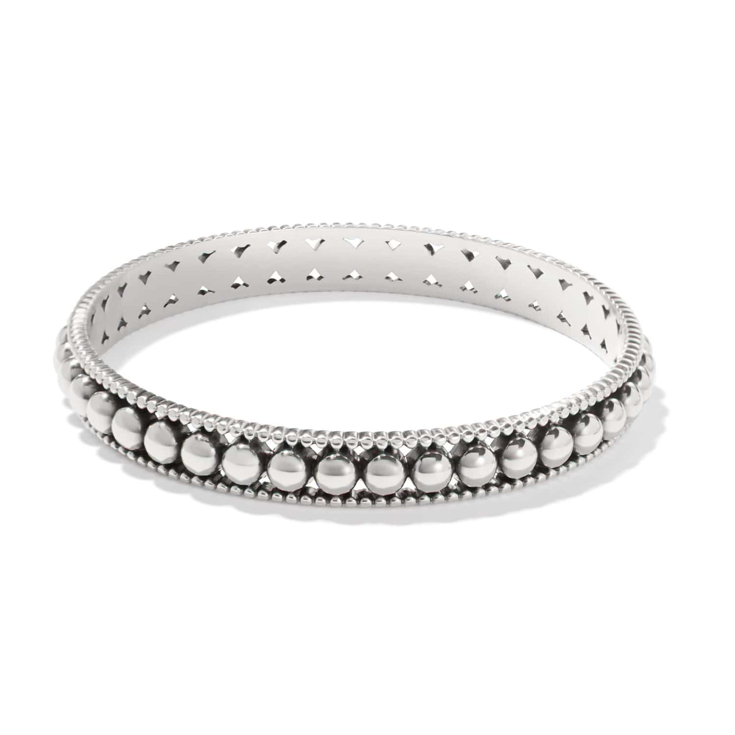 Brighton bangle bracelet with silver-plated beaded design and cutout interior detailing on a white background