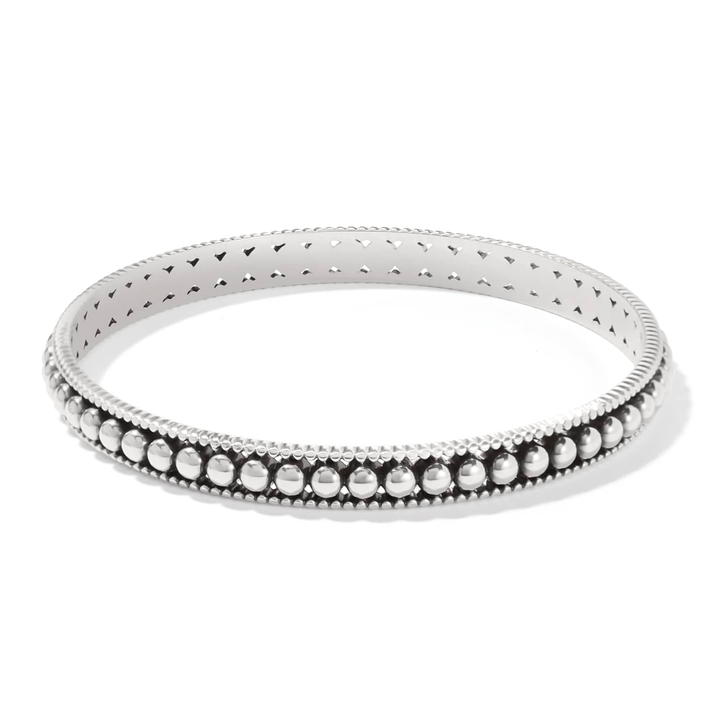 Brighton bangle bracelet with silver-plated beaded center row and textured edges on a white background