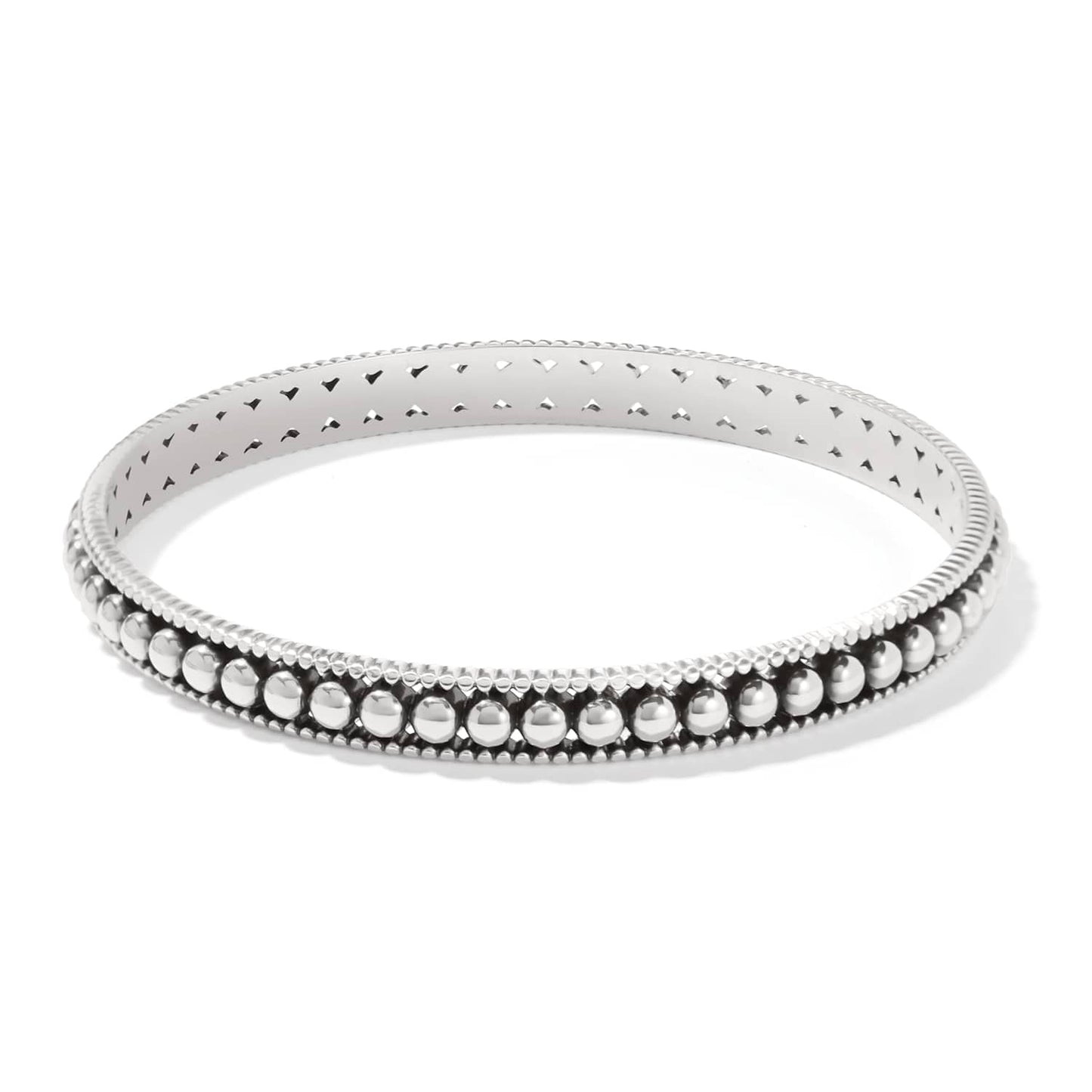 Brighton bangle bracelet with silver-plated beaded center row and textured edges on a white background