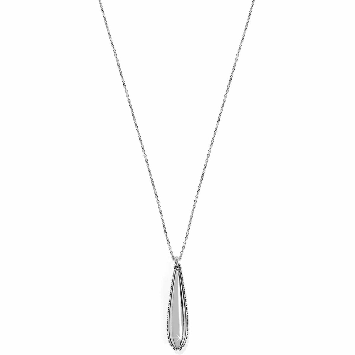 Brighton pendant necklace with elongated silver-plated teardrop and beaded edge detail on a white background