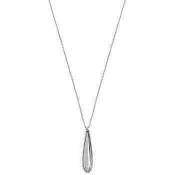 Brighton pendant necklace with elongated silver-plated teardrop and beaded edge detail on a white background