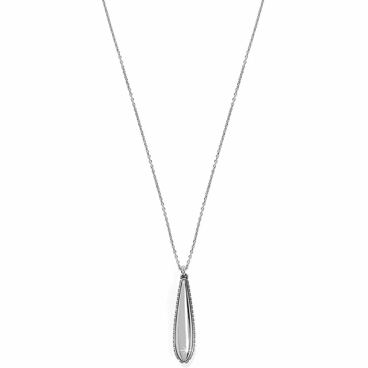 Brighton pendant necklace with elongated silver-plated teardrop and beaded edge detail on a white background