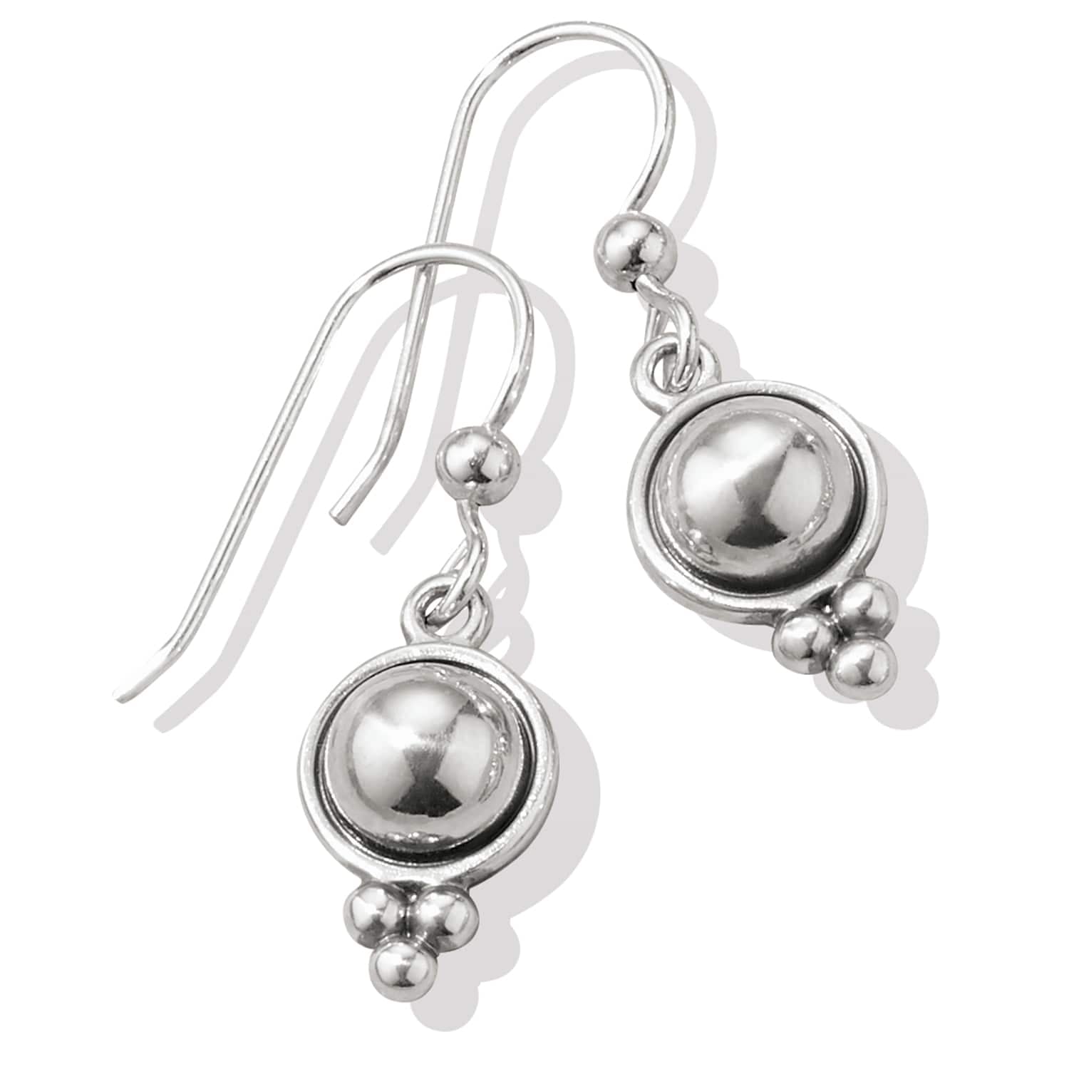 Brighton drop earrings with round silver-plated domed centers and small triple bead accents on a white background