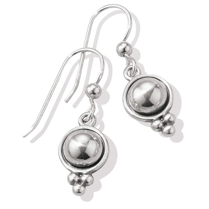 Brighton drop earrings with round silver-plated domed centers and small triple bead accents on a white background