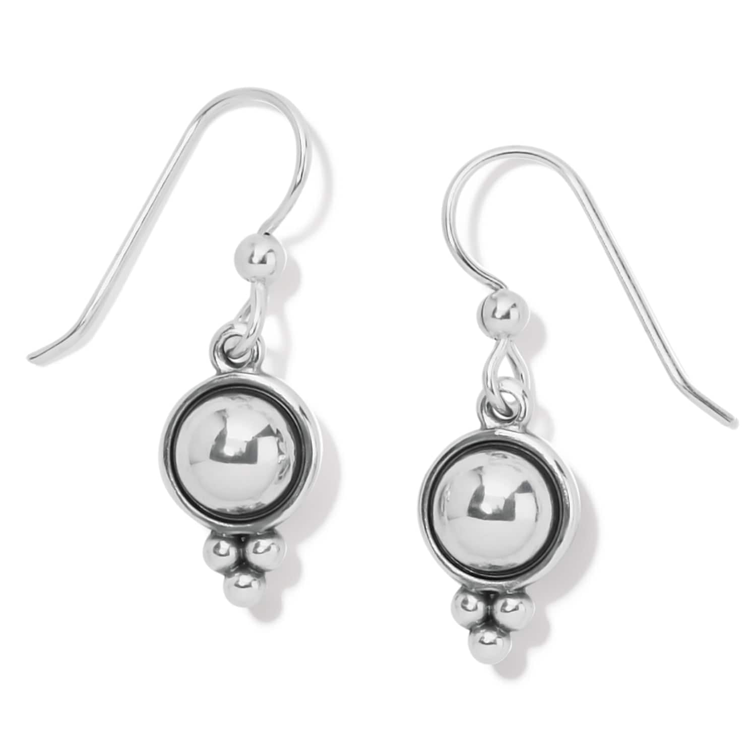 Brighton drop earrings with silver-plated round bead centers and small triple bead accents on a white background